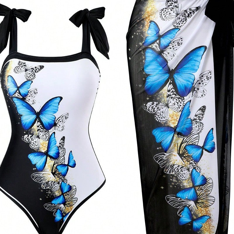 Women's One-Piece Swimsuit with Stylish Wrap Skirt and Butterfly Design Mune Fashion