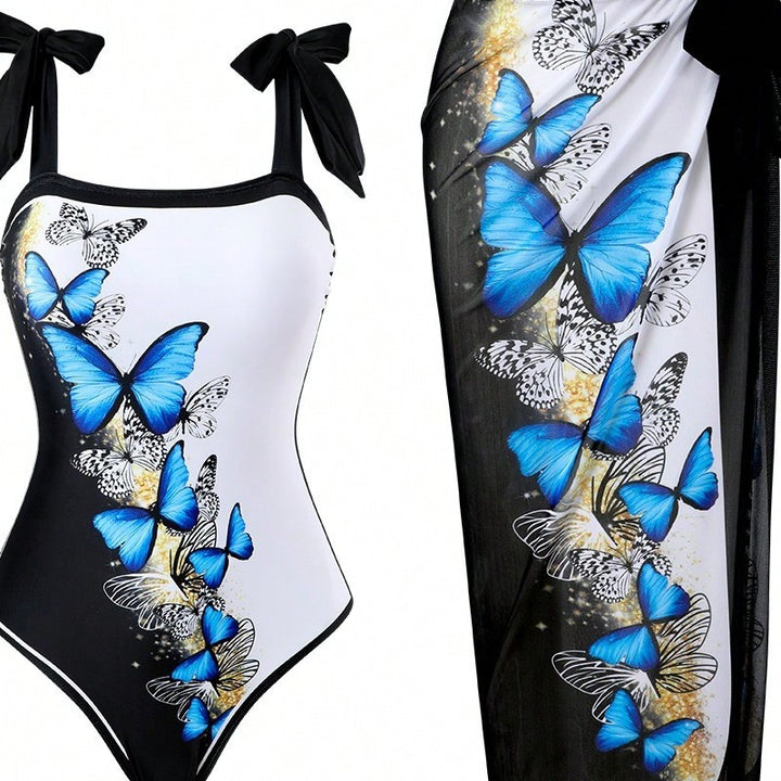 Women's One-Piece Swimsuit with Stylish Wrap Skirt and Butterfly Design Mune Fashion