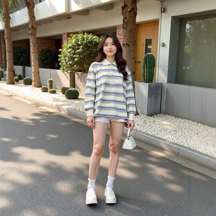 Men's Long-Sleeve Polo Shirt in Retro Stripe Pattern with Ribbed Cuffs and Button Placket Mune Fashion