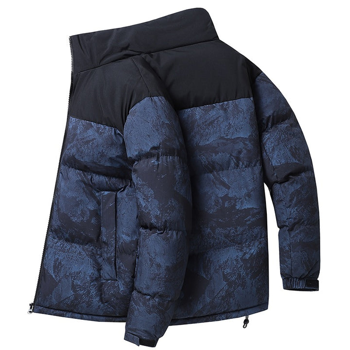 Men's Padded Quilted Jacket with Camouflage Print, High Stand-Up Collar & Adjustable Hem Mune Fashion