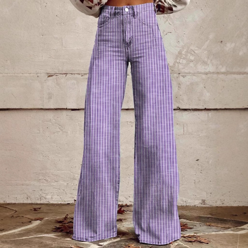 Women's wide trousers with a high waistband in linen look and vertical pinstripes flared trousers Mune Fashion