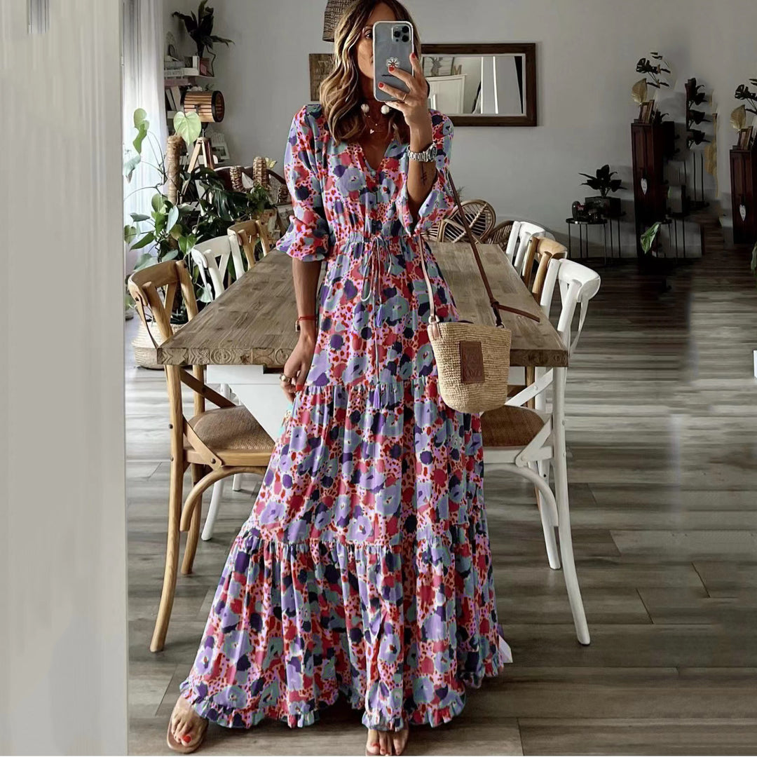 Women’s maxi dress with floral print, V-neck, tiered ruffle and drawstring waist Mune Fashion