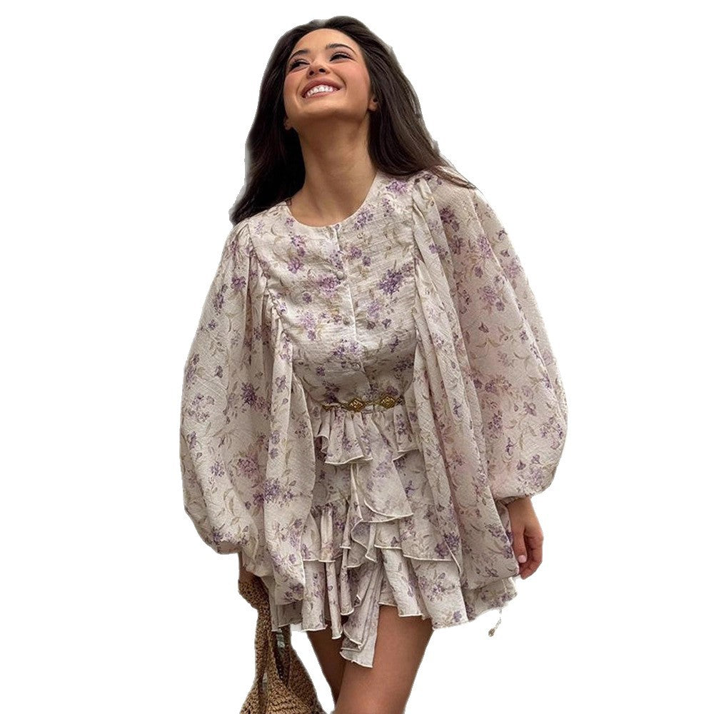 Ladies Chiffon Mini Dress with Ruffled Layers, Balloon Sleeves and Decorative Belt Mune Fashion