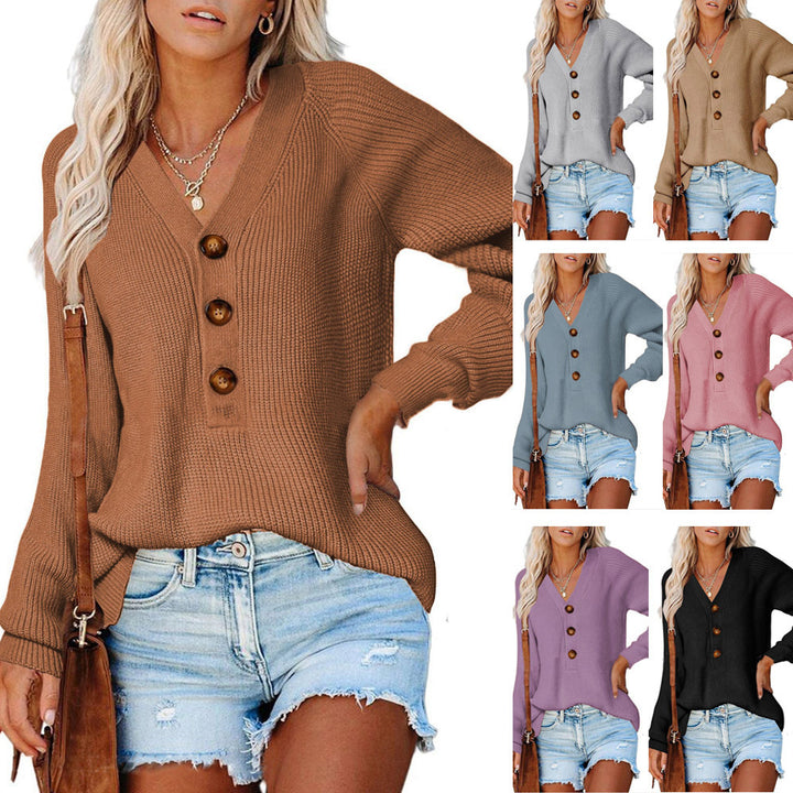 Women's Ribbed Knit Sweater with V-Neck, Decorative Button Placket and Balloon Sleeves Mune Fashion