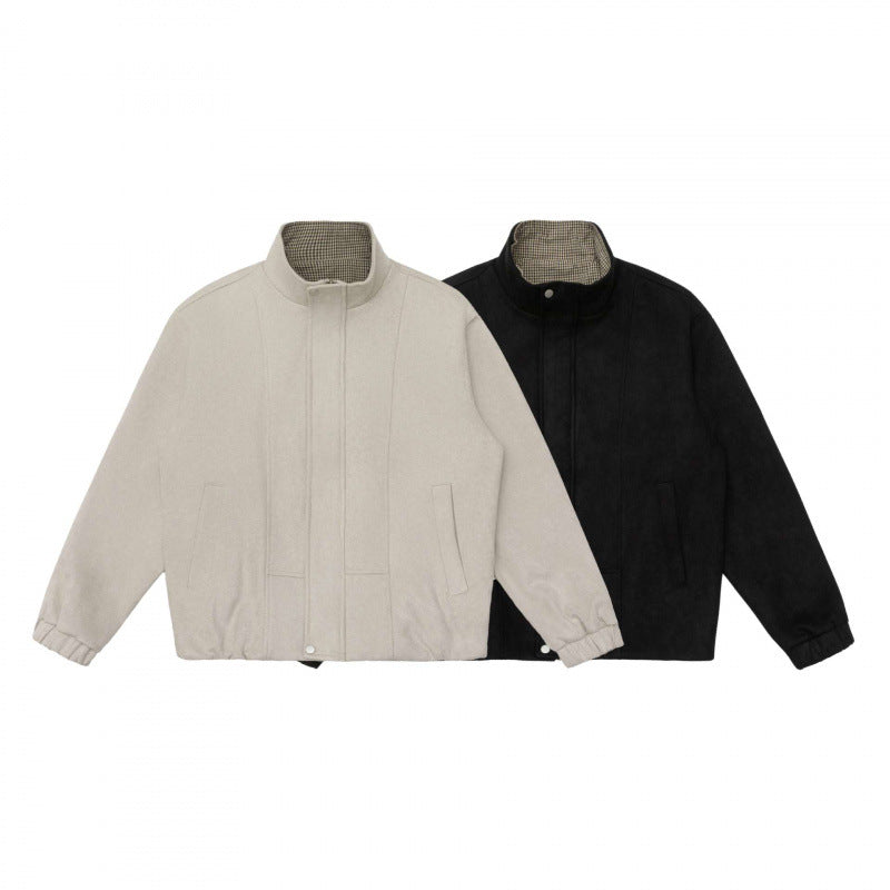 Men's short cut padded blend jacket with stand-up collar, hidden snap button placket, and checkered lined collar Mune Fashion