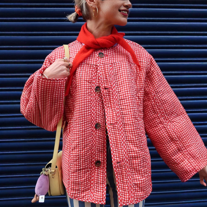 Women Padded Checked Boxy Padded Jacket with Button Closure Mune Fashion