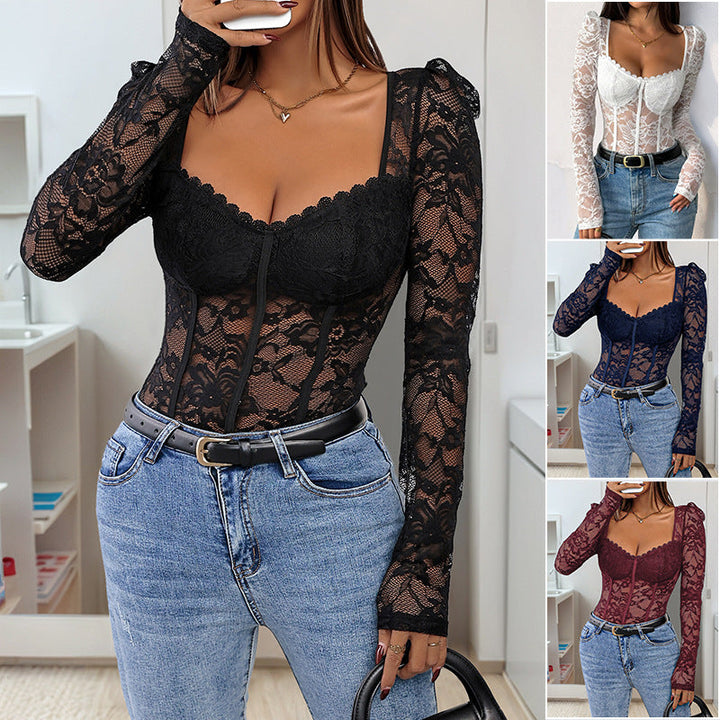 Women's Shaping Lace Bodysuit with Corset Seams and Long Transparent Sleeves
