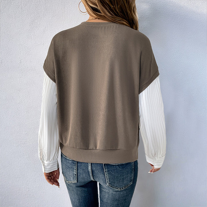 Women Casual Long Sleeve with Ribbed Top & Striped Blouse Sleeves Mune Fashion