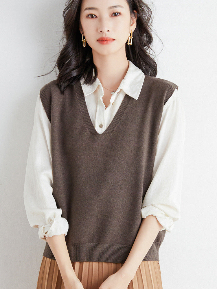 Women's Oversized V-neck Fine Knit Vest with Ribbed Hem Mune Fashion