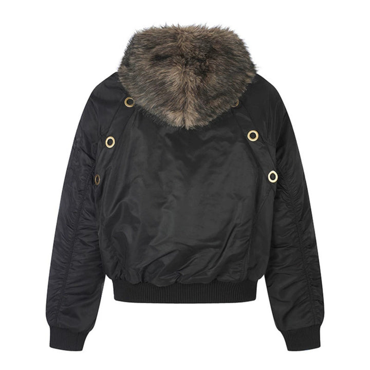 Women's short-cut bomber jacket with faux fur hood and eyelet application Mune Fashion