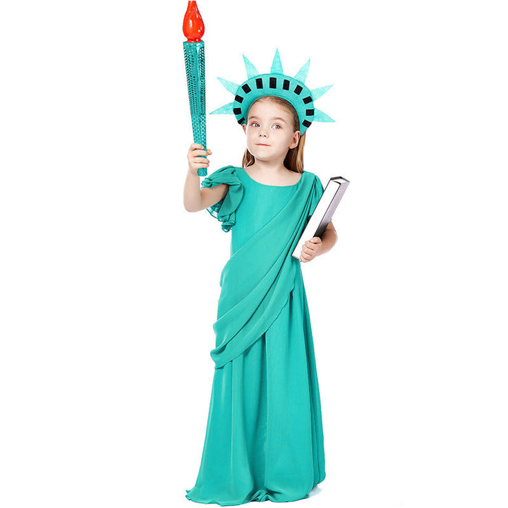 Girl costume as Statue of Liberty with elegant dress and accessories Mune Fashion