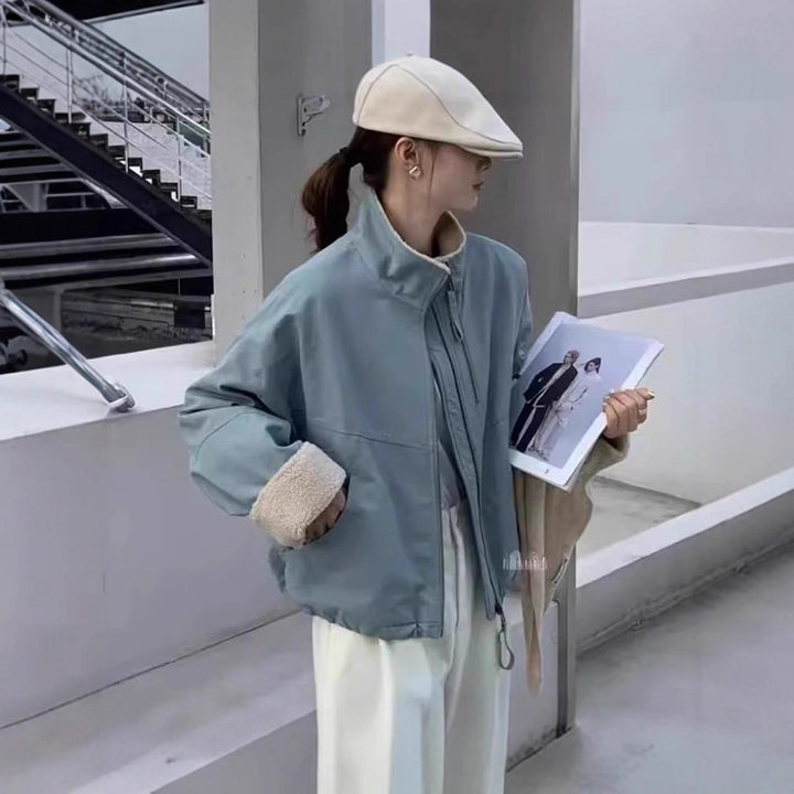 Women's Short Oversized Bomber Jacket with Teddy Lining at Cuffs and Stand Collar Mune Fashion