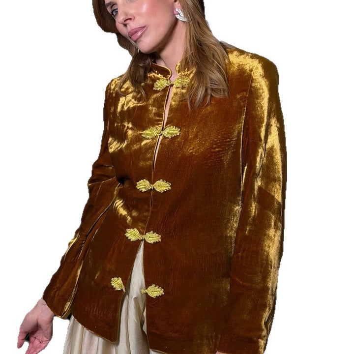 Women’s velvet jacket with Mandarin collar and decorative knot fastenings Mune Fashion