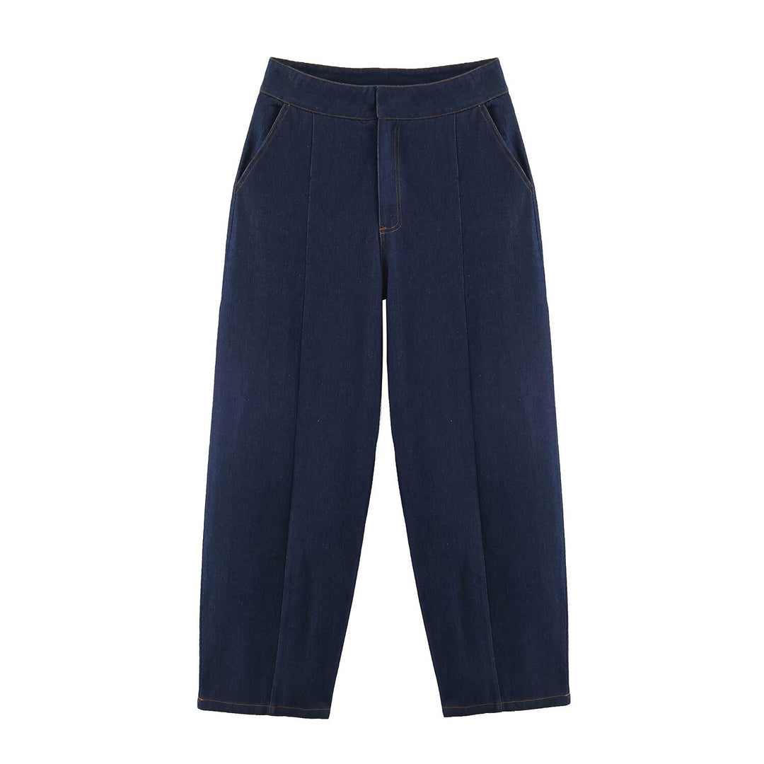 Women loose high-waist denim pants with crease and diagonal pockets Mune Fashion