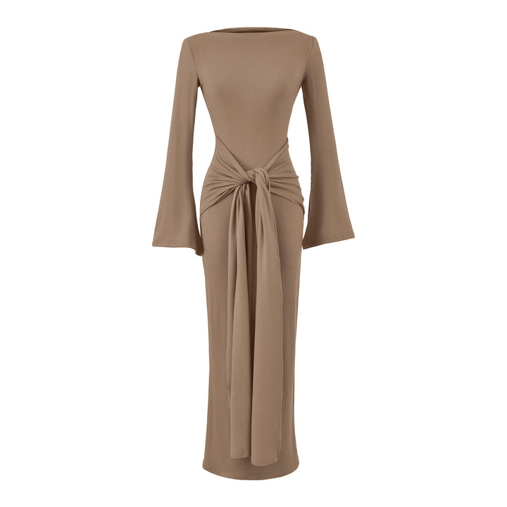Ladies maxi dress made of ribbed knit with trumpet sleeves and waist knot detail Mune Fashion