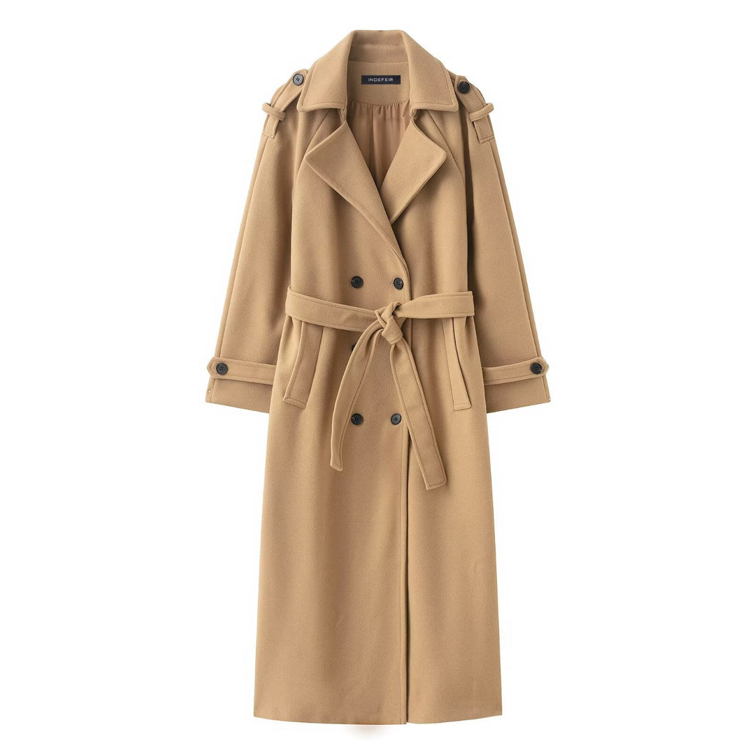 Women 100+ double-breasted maxi long coat in trench style with tie belt Mune Fashion