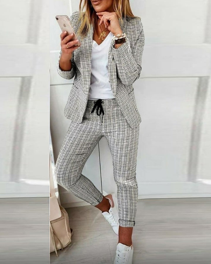 Women's two-piece checkered blazer and slim-fit jogging pants with drawstring Mune Fashion