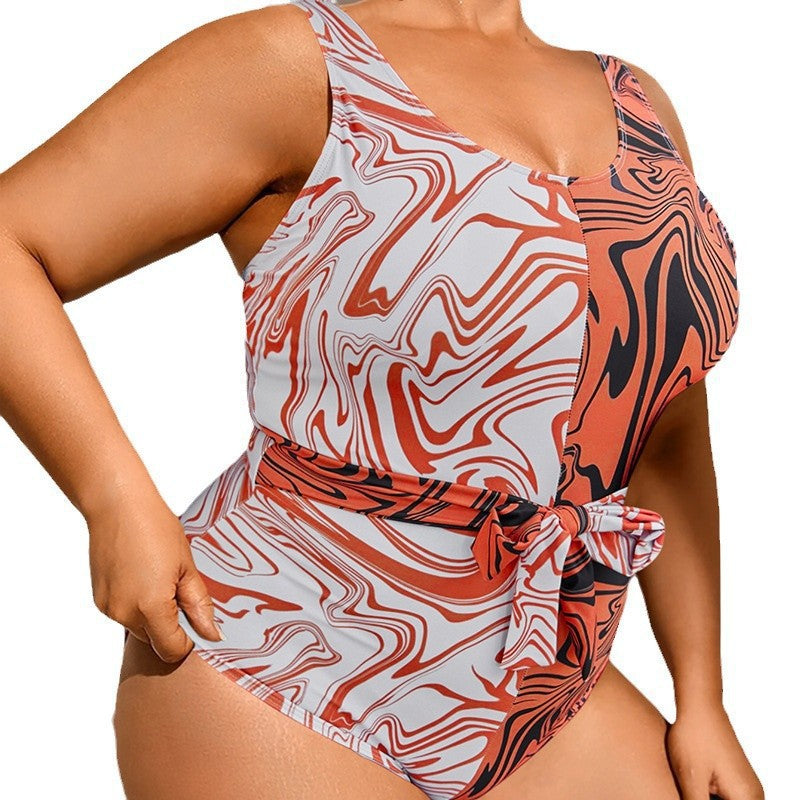 Women's one-piece swimsuit with fashionable marble pattern and waist belt Mune Fashion