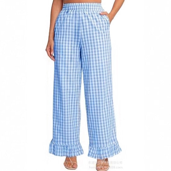 Women's palazzo pants with elastic waistband, side pockets, and ruffled hem Mune Fashion