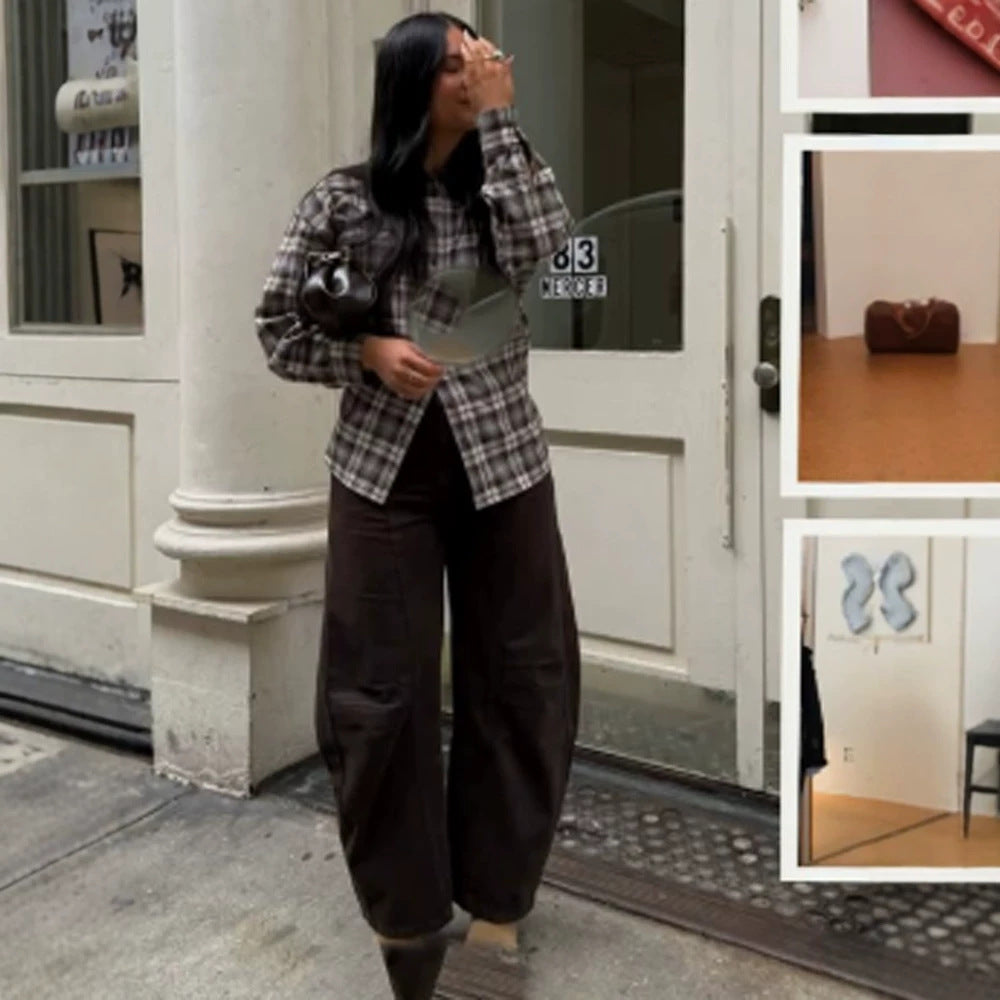 Women's Oversized Flannel Shirt with Check Pattern, Patch Chest Pocket and Rounded Hem Mune Fashion
