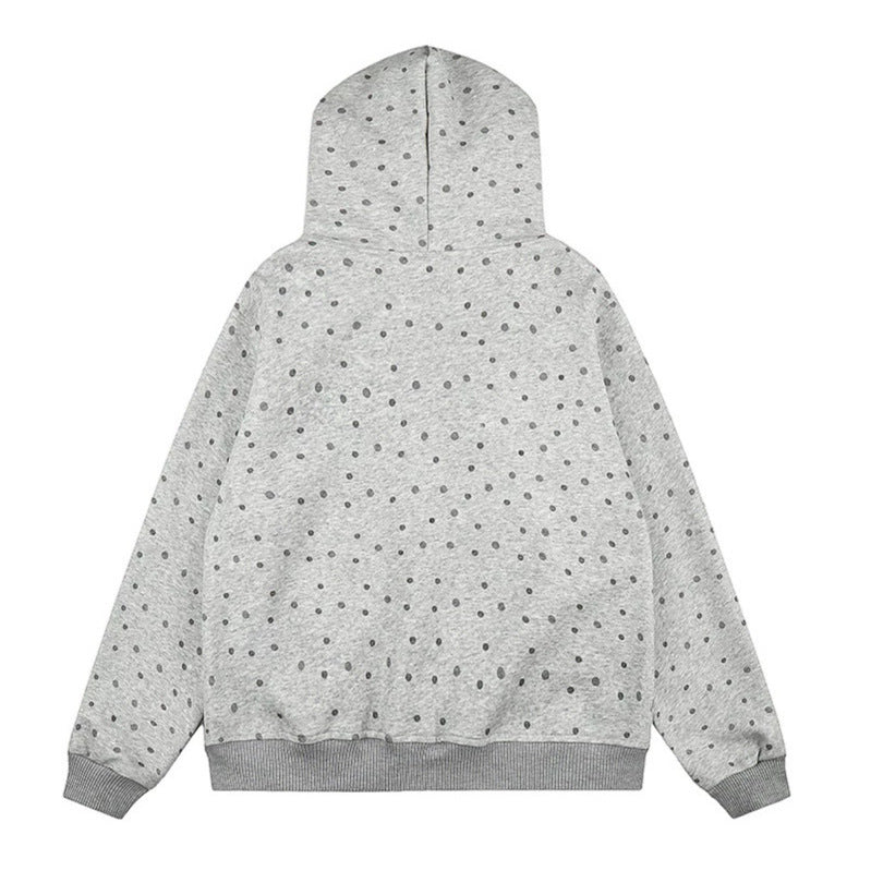 Women's Polka Dot Hooded Sweat Jacket with Faux Fur Trim, Full Zip and Kangaroo Pockets Mune Fashion