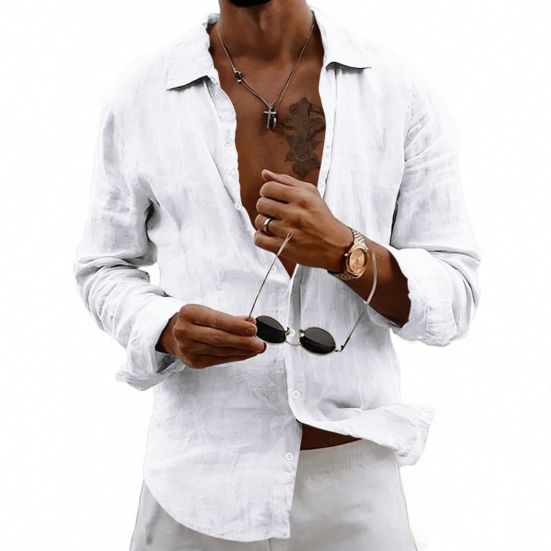 Men's airy relaxed linen shirt with open lapel, rounded hem, and roll-up sleeves Mune Fashion