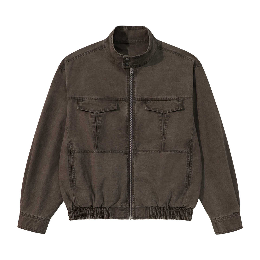 Men's short-cut utility jacket with high stand-up collar, zipper, and elastic hem Mune Fashion