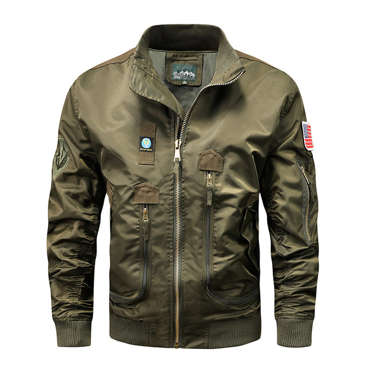 Men's Nylon Bomber Jacket in Aviator Style with Utility Pockets and Sleeve Pocket Mune Fashion