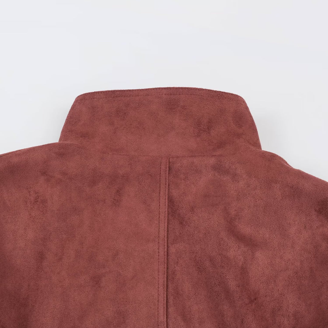 Women's short jacket in velvet look with high funnel collar, concealed closure and waist tie belt Mune Fashion