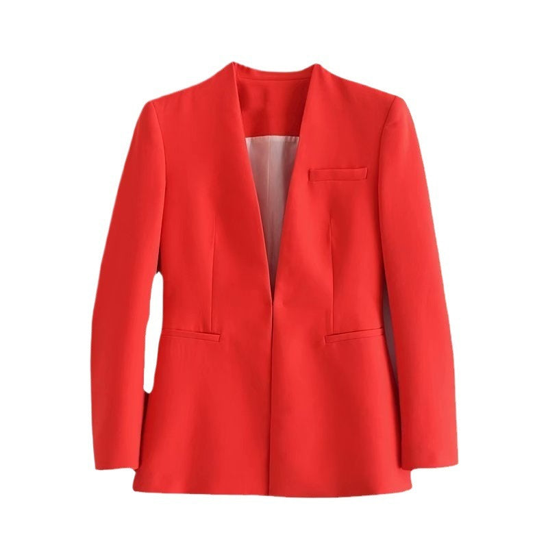 Women Tailored Blazer without Lapels with Open Front and Welt Pockets Mune Fashion