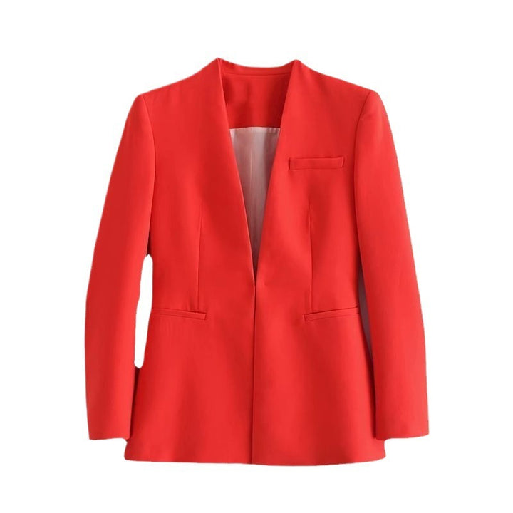 Women Tailored Blazer without Lapels with Open Front and Welt Pockets Mune Fashion