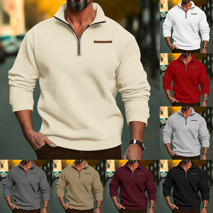 Men's short zipper sweater with stand-up collar, chin guard, and discreet chest piping Mune Fashion
