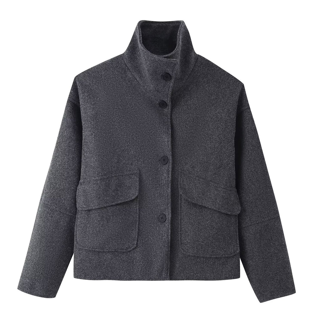 Women's Boxy Short Jacket made of Wool Blend with Stand-up Collar and Flap Pockets Mune Fashion