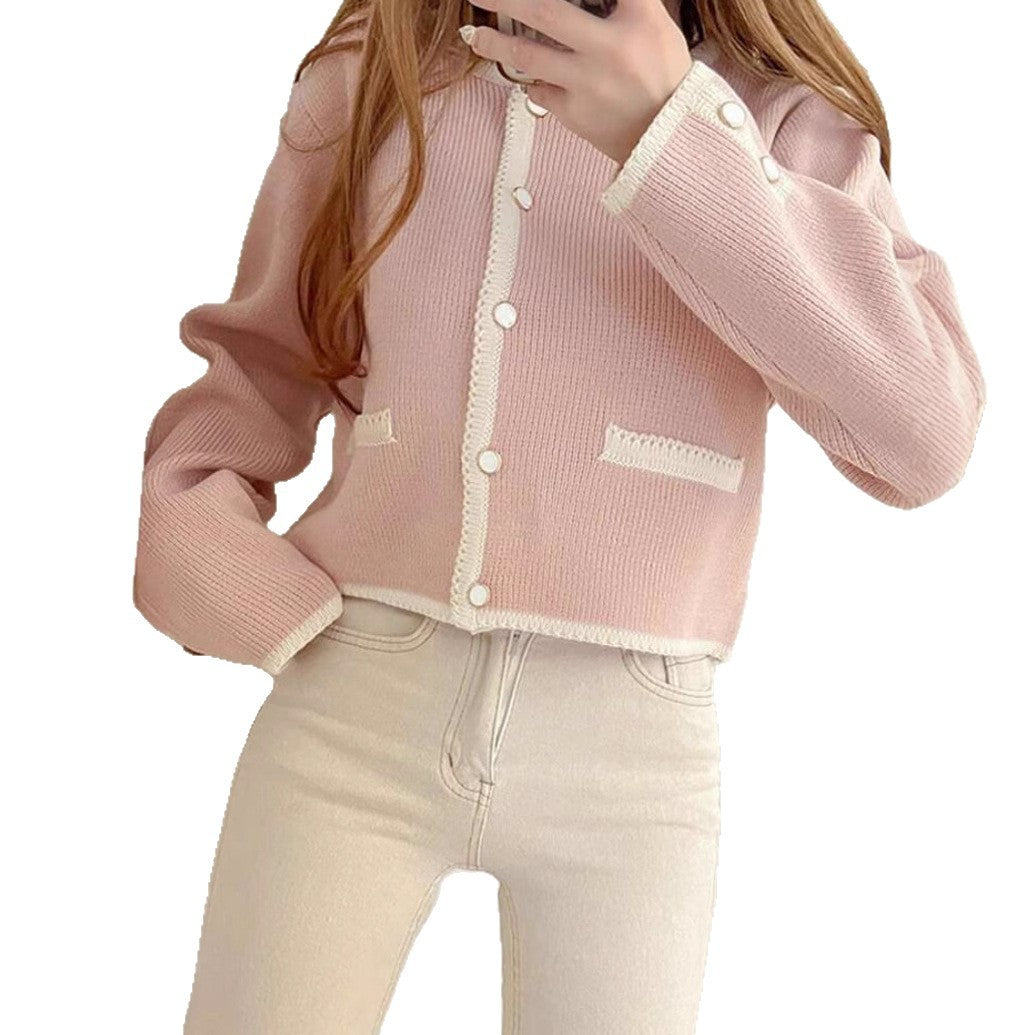 Women Short-Cut Ribbed Cardigan with Contrast Crochet Trim, Decorative Button Placket and Pocket Trim Mune Fashion