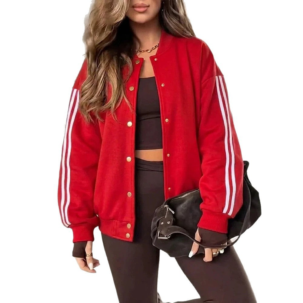 Women Oversized College Jacket with Snap Button Placket and Contrasting Stripe Sleeves Drune