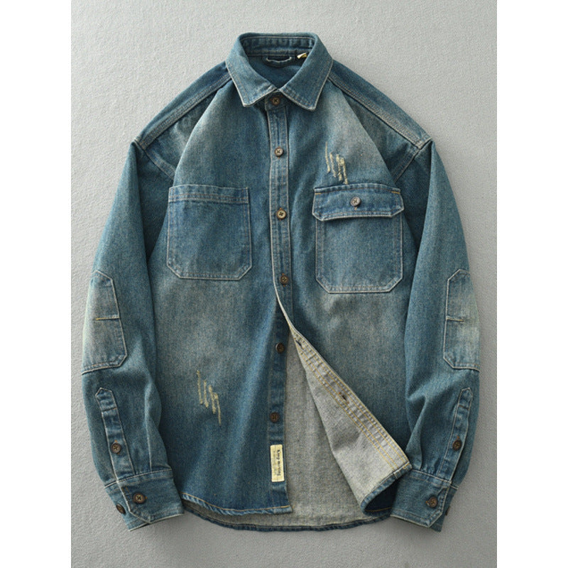 Men's denim shirt jacket in a used look with patch chest pockets and button placket Mune Fashion