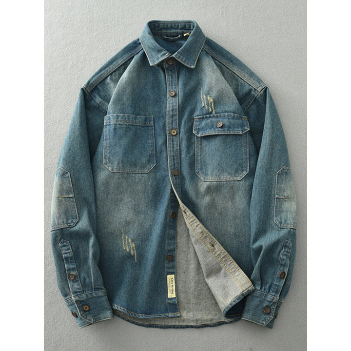 Men's denim shirt jacket in a used look with patch chest pockets and button placket Mune Fashion