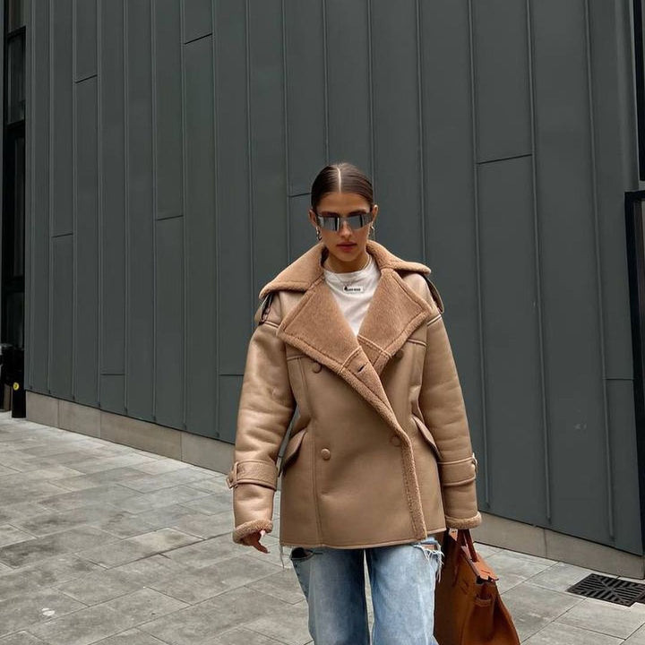 Women Oversized Flight Jacket made of Lambskin Imitation with Double-Breasted Button Placket Mune Fashion
