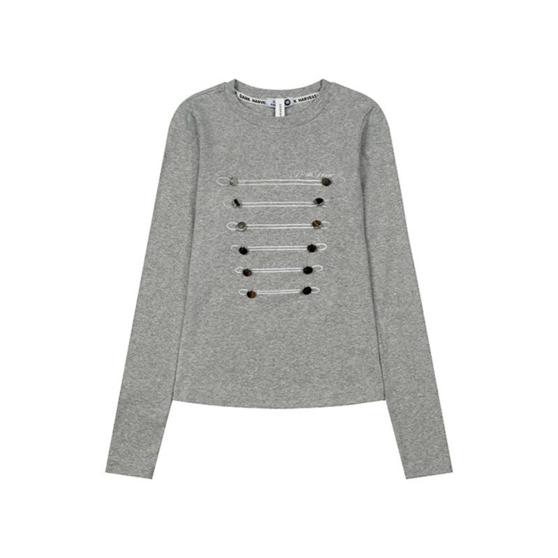 Women's Long Sleeve Shirt with Decorative Cord and Button Application Mune Fashion