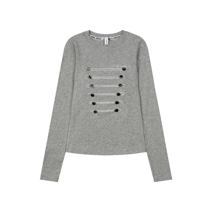 Women's Long Sleeve Shirt with Decorative Cord and Button Application Mune Fashion