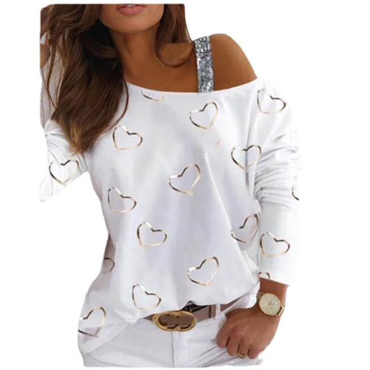 Women Off-Shoulder Knit Sweater with Heart Print and Sequin Straps Mune Fashion