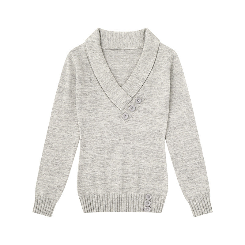 Women’s fine knit pullover with shawl collar, V-neck and decorative buttons Mune Fashion