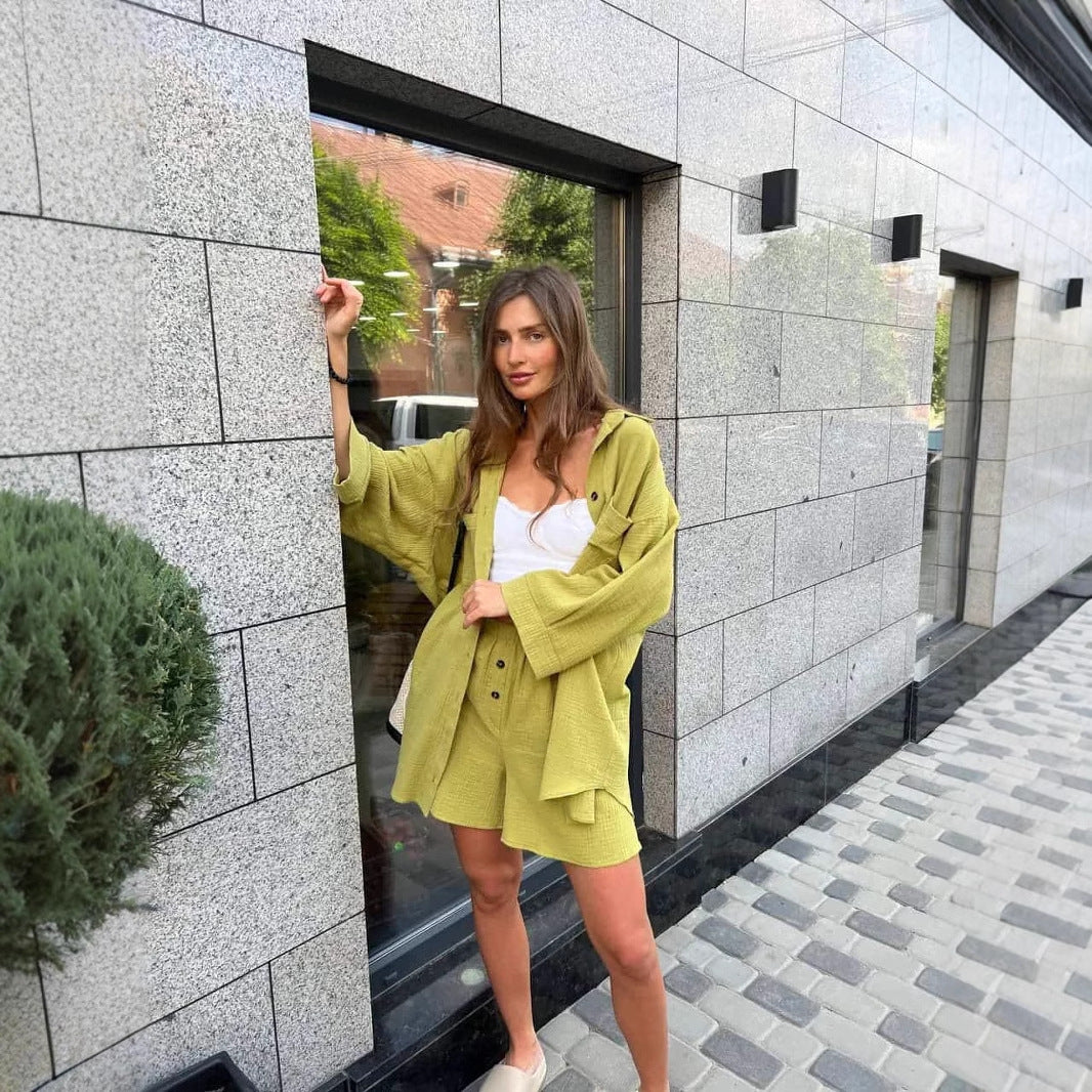 Ladies casual muslin two-piece set with oversized shirt and elastic high-waist shorts Mune Fashion