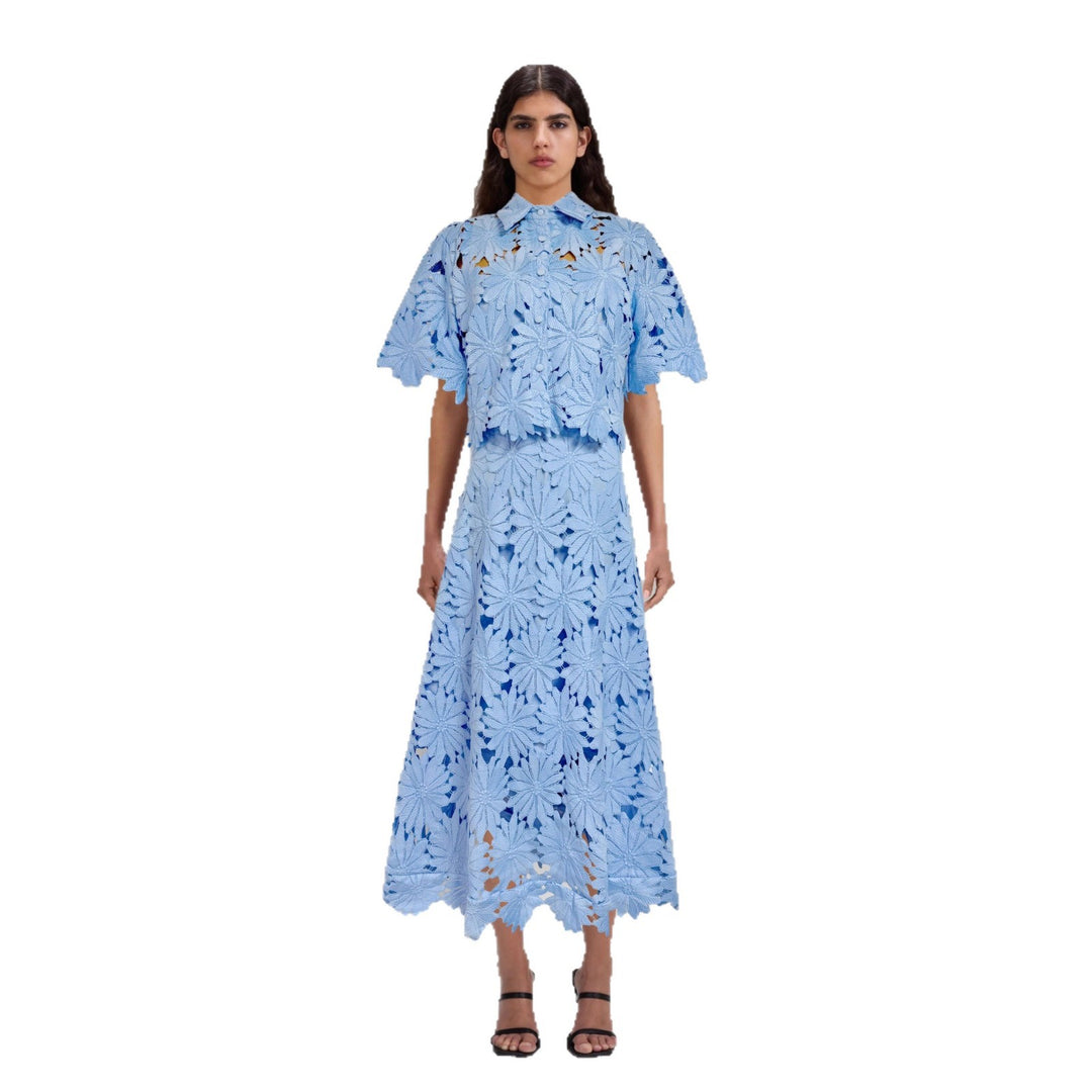 Ladies two-piece crochet lace set with shirt collar, short sleeves, and flared midi skirt Mune Fashion