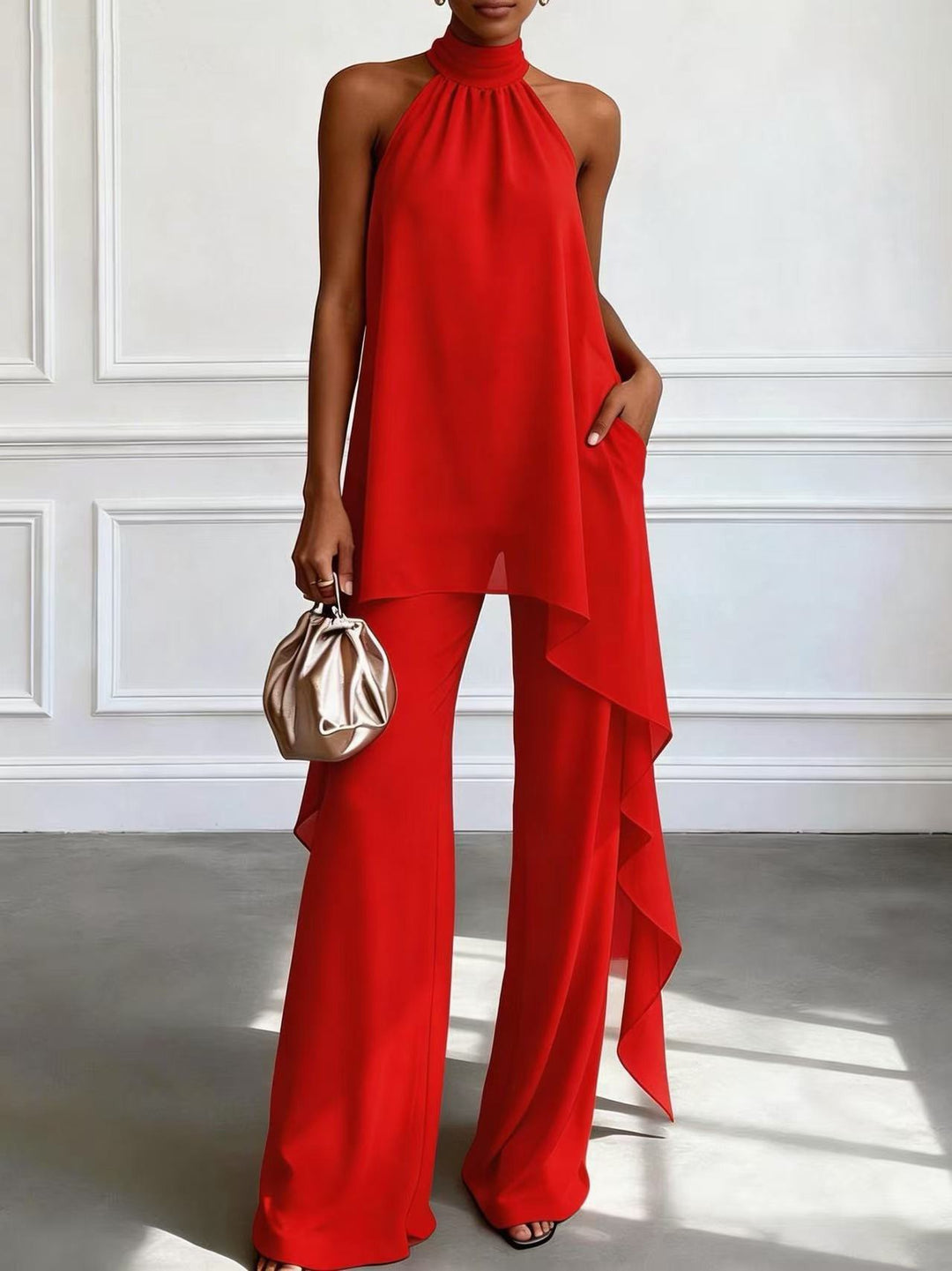 Ladies' elegant evening two-piece with gathered stand collar, asymmetrical ruffle, and flowing flared trousers Mune Fashion