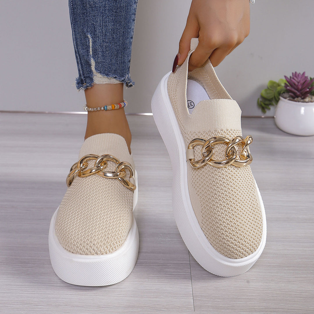 Ladies' Knit Slip-On Sneakers with Platform Sole and Eye-Catching Metal Chain Decoration Mune Fashion