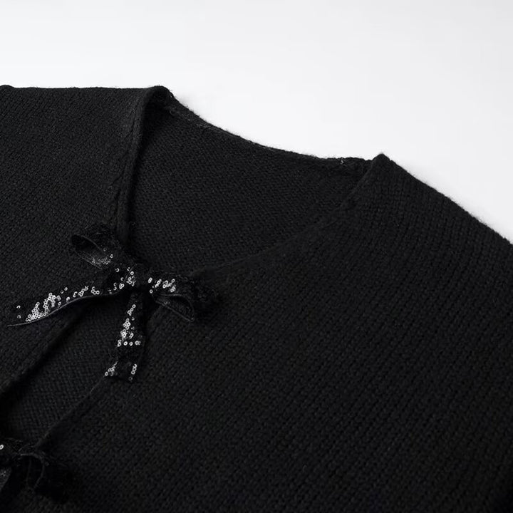 Women Oversized Knitted Cardigan with V-Neck and Sequin Bows Mune Fashion