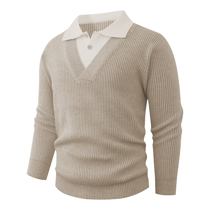 Men's fine knit sweater with integrated polo collar and deep V-neck Mune Fashion