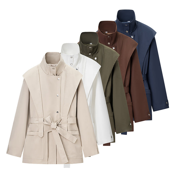 Women's Tailored Transition Jacket with Stand Collar, Shoulder Cape and Belt Mune Fashion