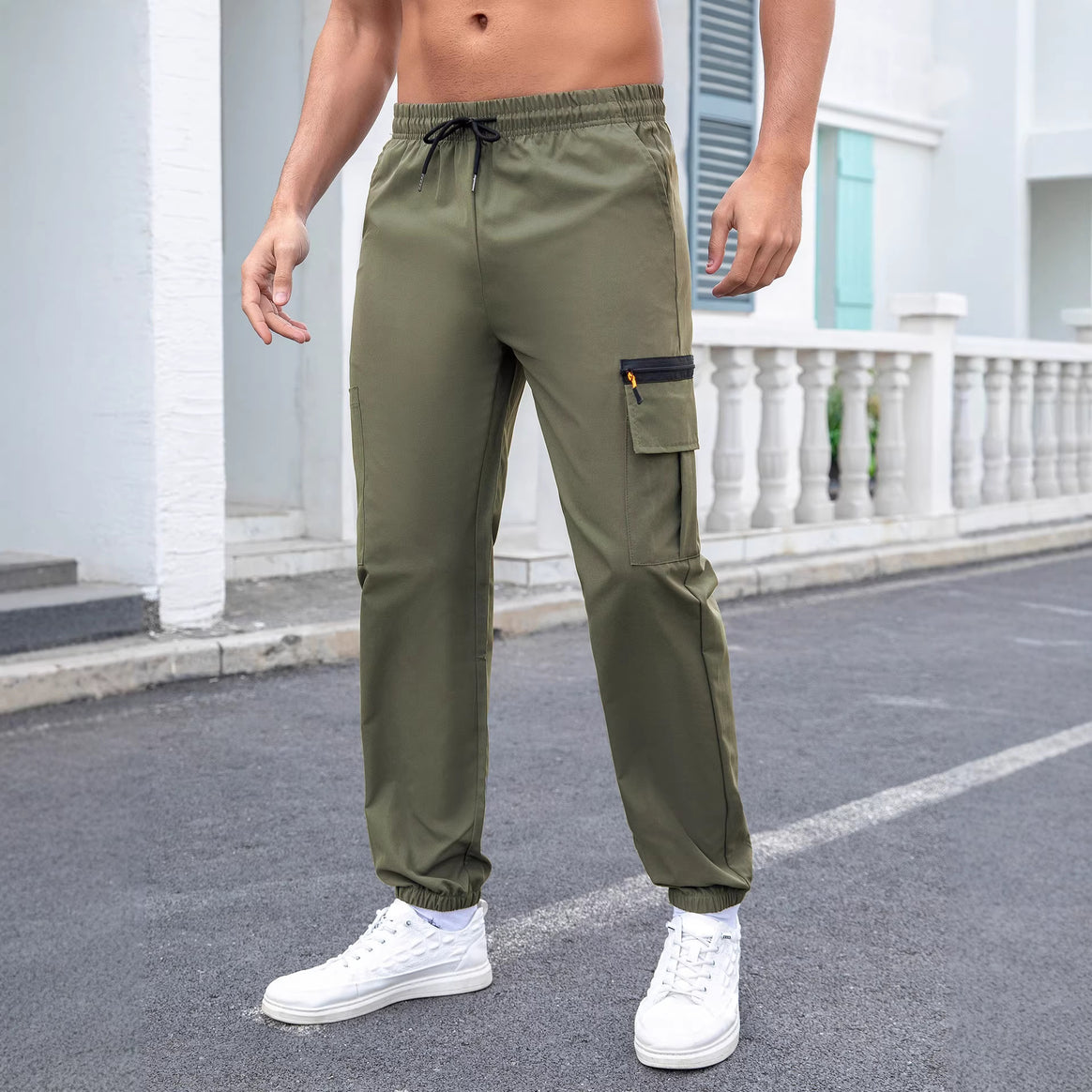 Men's Tech Cargo Jogging Pants with Elastic Drawstring, Zipper Leg Pocket & Fitted Ankle Cuff Mune Fashion